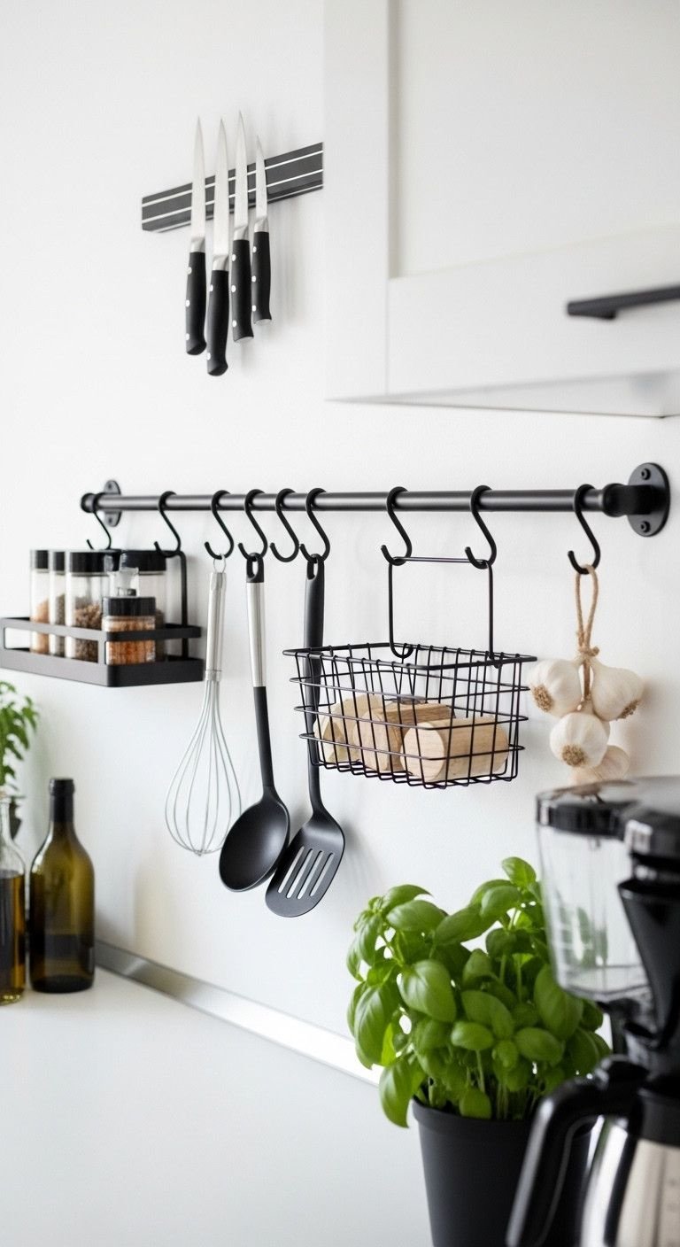 9 Genius Small Kitchen Layouts That Maximize Every Inch 17 Organized kitchen wall with black rail system, hanging spice jars, cooking utensils, and garlic bulbs on white.