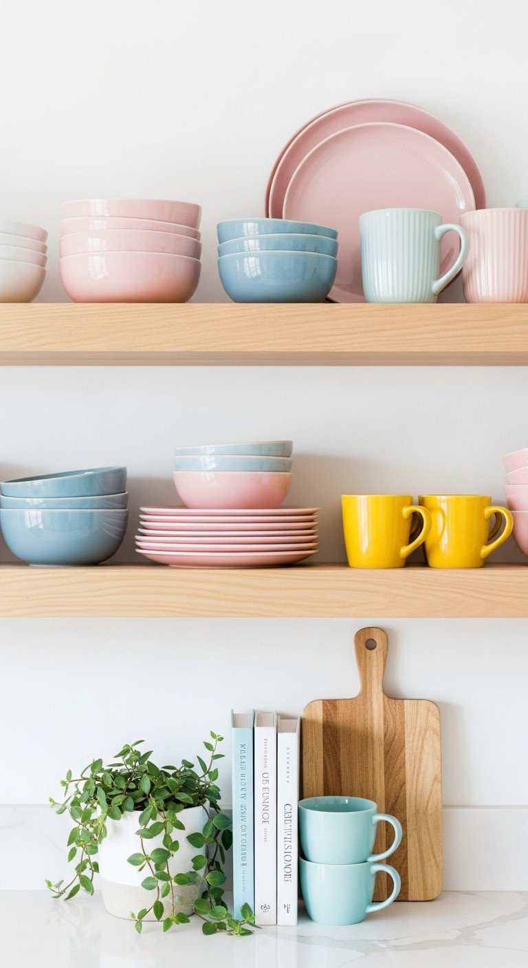 11 Colorful Apartment Kitchen Ideas To Add Personality 9 Organized kitchen with floating wooden shelves displaying colorful pastel ceramic dishes: pink plates, blue bowls, yellow mugs, plant, cookbooks.