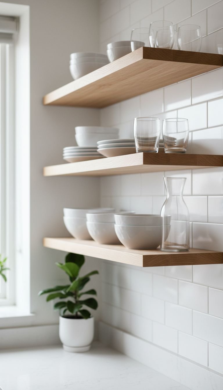 Organized minimalist kitchen: natural oak floating shelves on white tile wall with white ceramic plates, bowls, and clear glasses. Soft light.