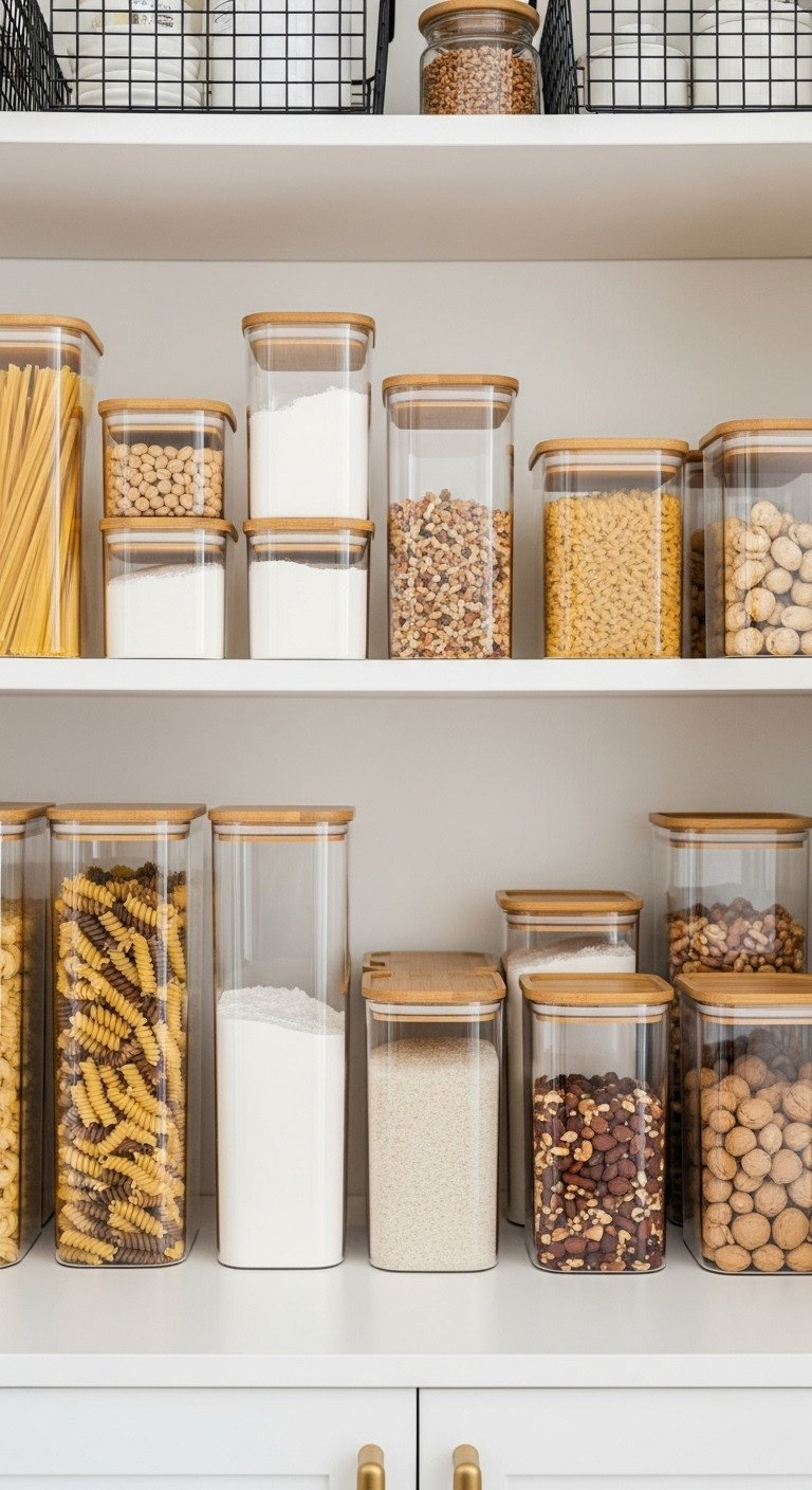 Organized pantry shelf with clear stackable food storage containers with bamboo lids holding pasta rice flour and nuts