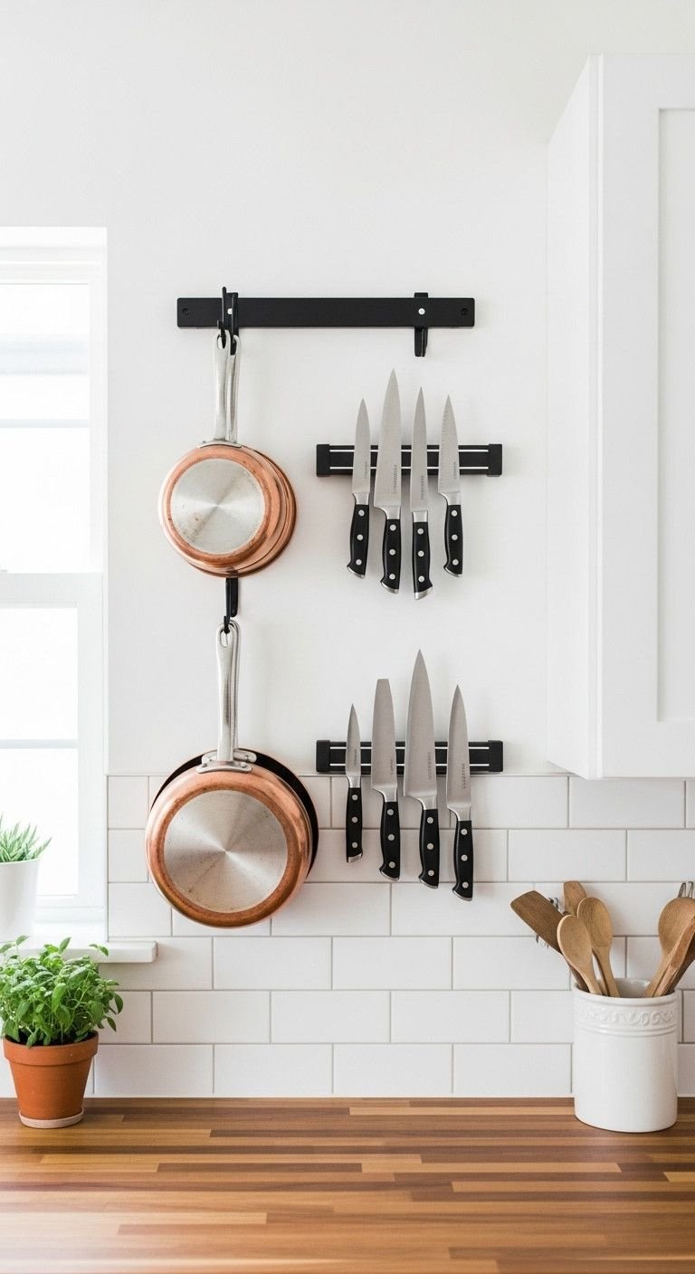 Organized small kitchen with black pot rack, copper pans, magnetic knife strip on white subway tile, butcher block counter.