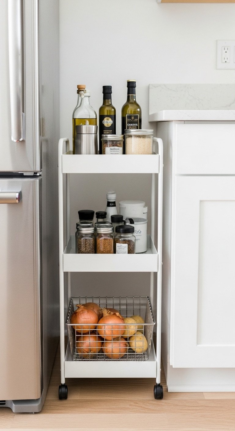 Organized tiny apartment kitchen featuring a sleek white rolling storage cart filled with olive oil, spices, and produce between fridge and counter