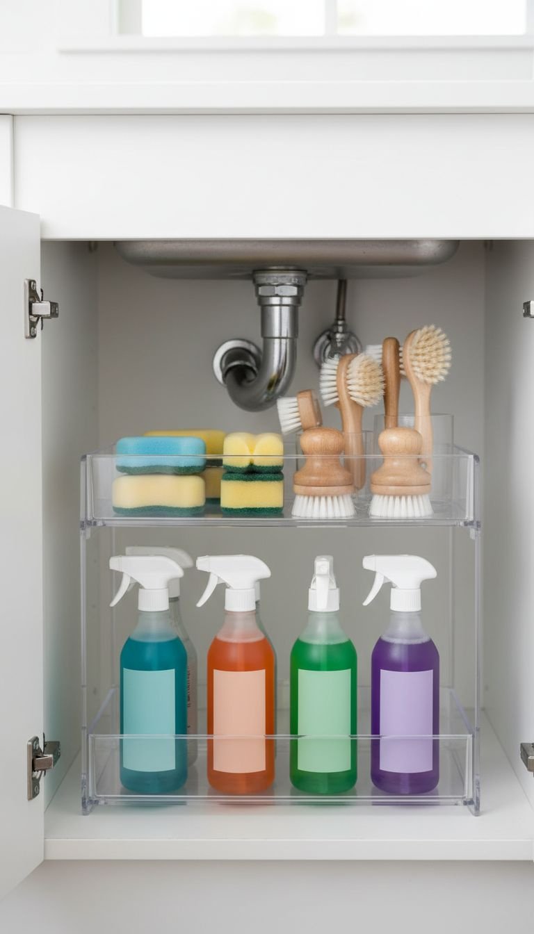 Organized under-sink cabinet: clear acrylic two-tier sliding organizer, storing sponges, brushes, cleaning sprays. Home storage.