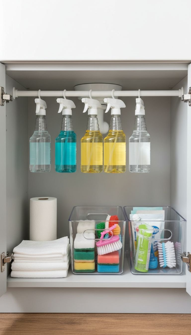 Organized under-sink cabinet with spray bottles on a tension rod and cleaning supplies in clear bins. Efficient home storage solution.