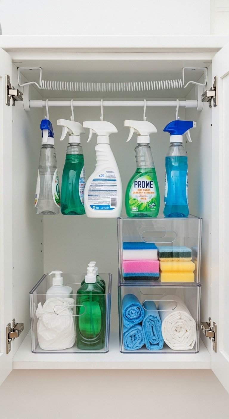 11 Brilliant Apartment Kitchen Layout Ideas For Small Spaces 17 Organized under-sink cabinet with tension rod, spray bottles, and clear bins for sponges/soap. Kitchen organization.