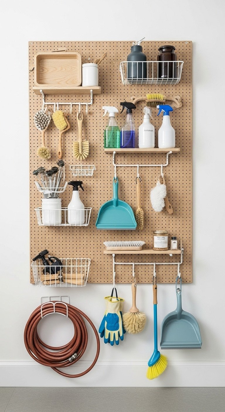 Organized utility room wall with large wooden pegboard organizer, hooks, shelves, cleaning brushes, spray bottles, and dustpans.