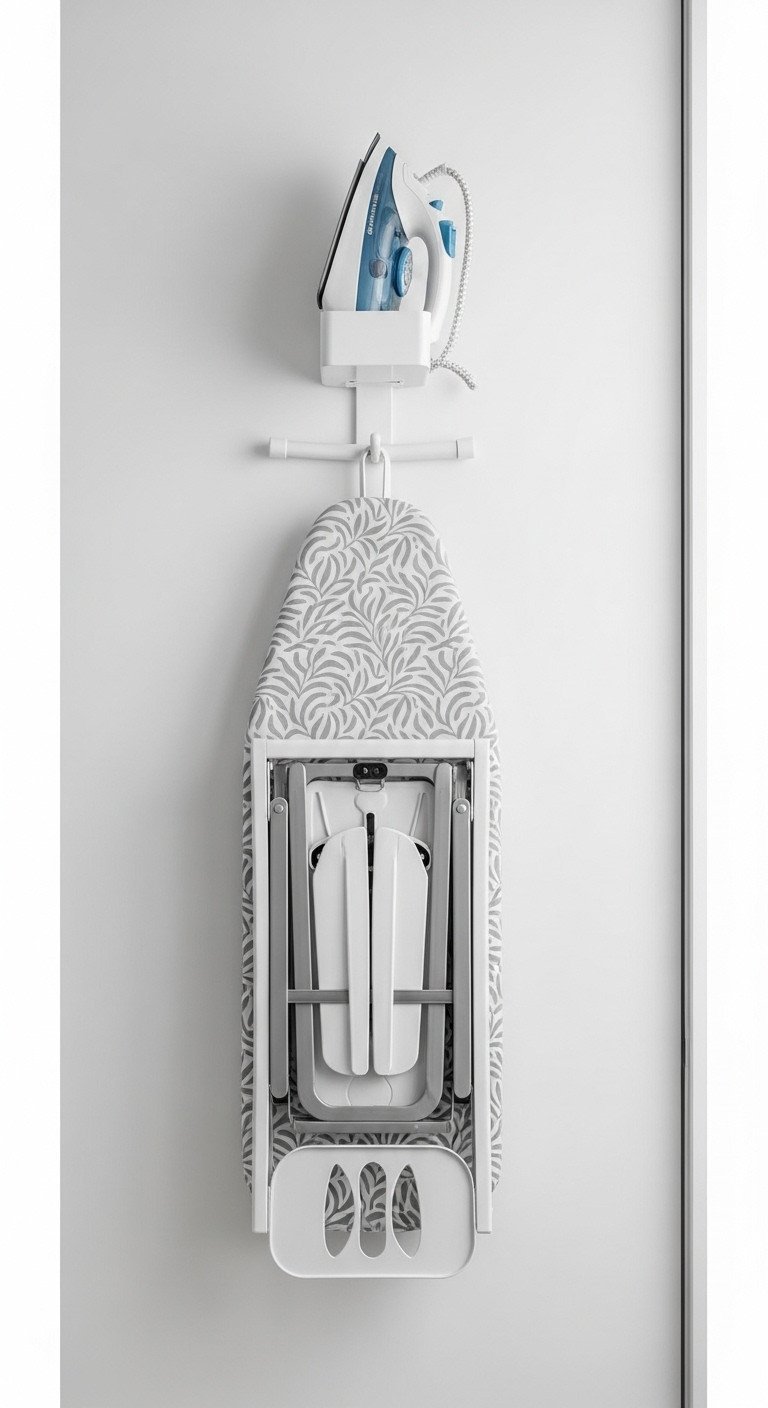 Organized utility room wall with sleek wall-mounted caddy holding a foldable ironing board and a steam iron.