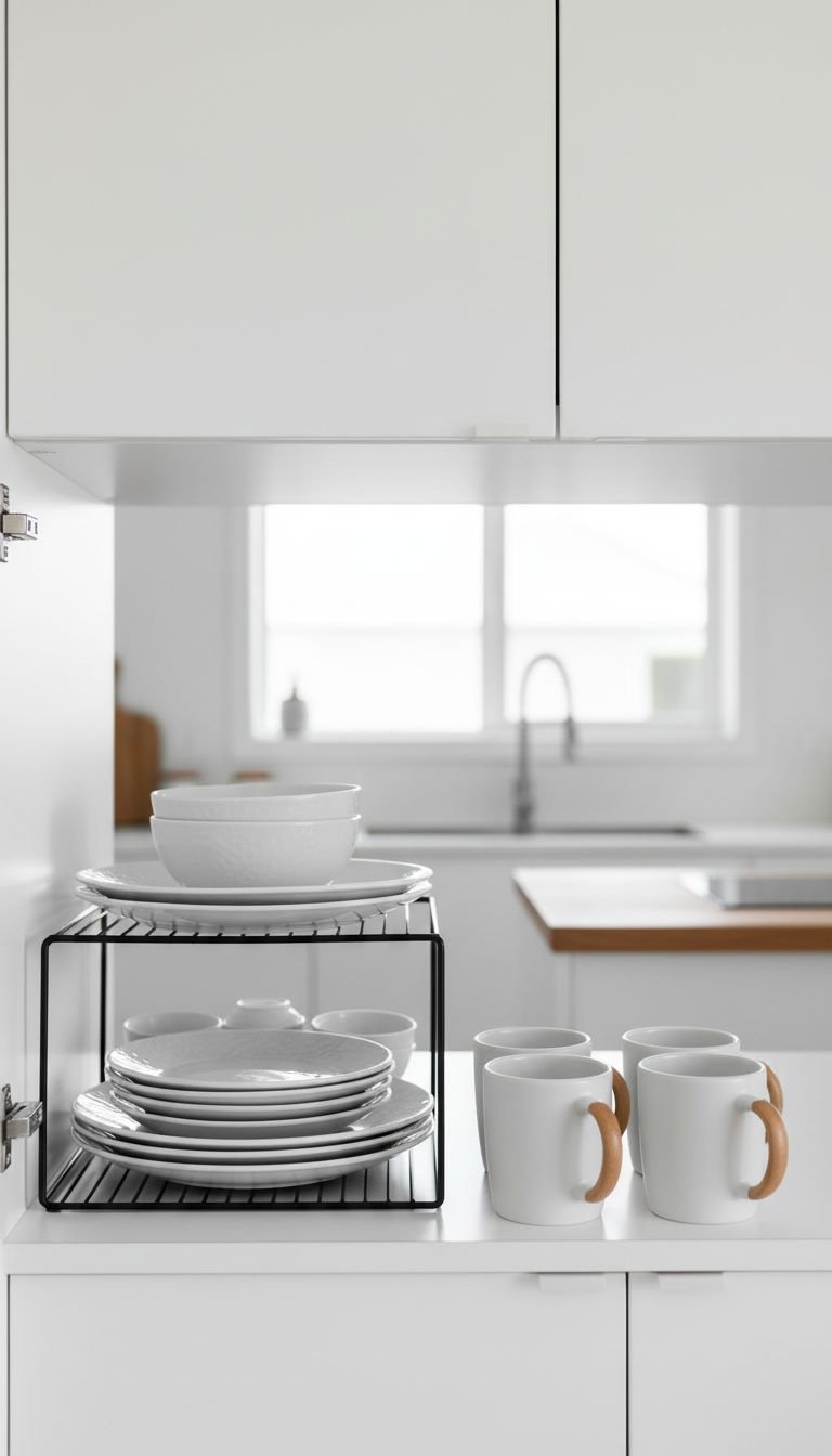 Organized white kitchen cabinet with neatly stacked ceramic plates, bowls on a black wire shelf riser, and mugs. Efficient kitchen storage solution.
