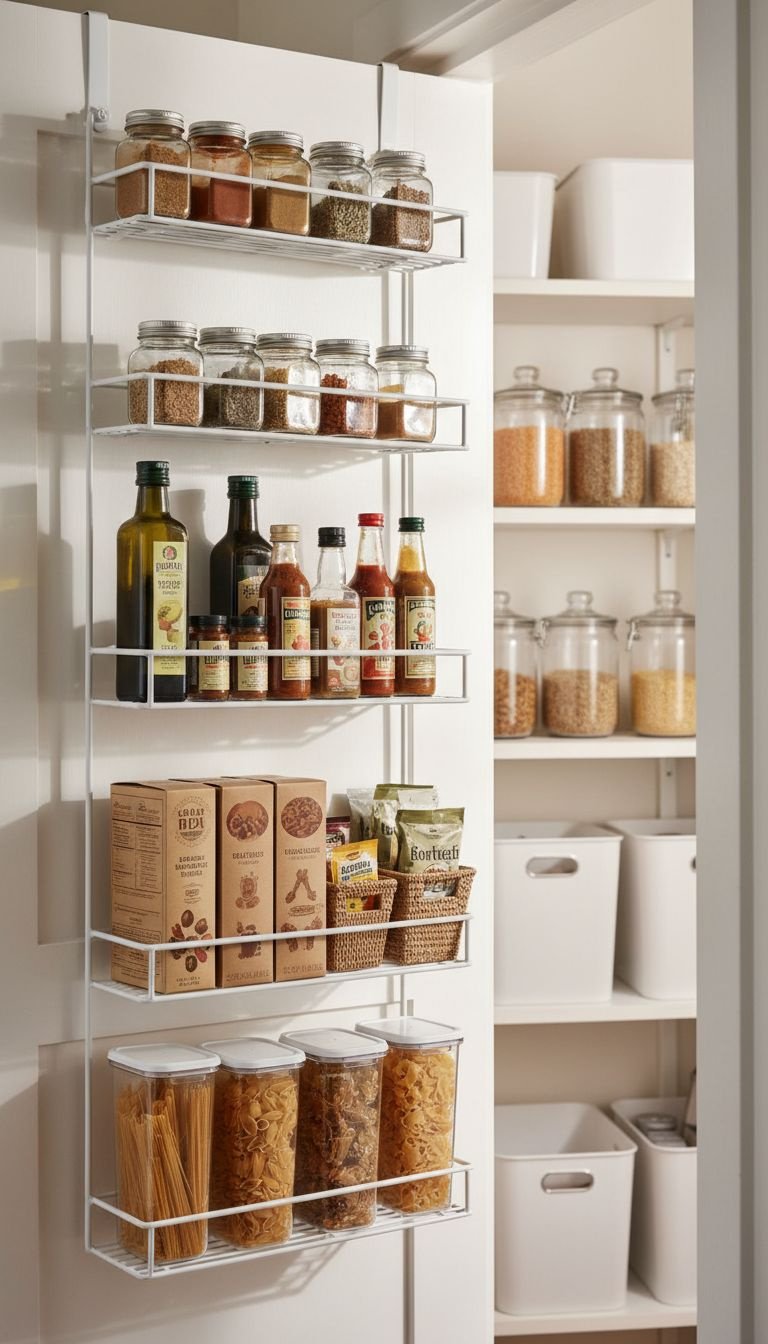Organized white pantry door with a metal over-the-door rack holding spices, condiments, and pasta boxes. Efficient pantry storage.
