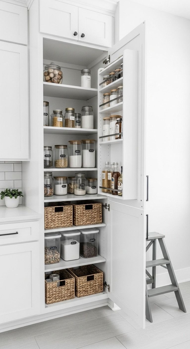 9 Genius Small Kitchen Layouts That Maximize Every Inch 7 Organized white vertical kitchen pantry open, showing shelves with glass jars and woven baskets on gray tile floor.