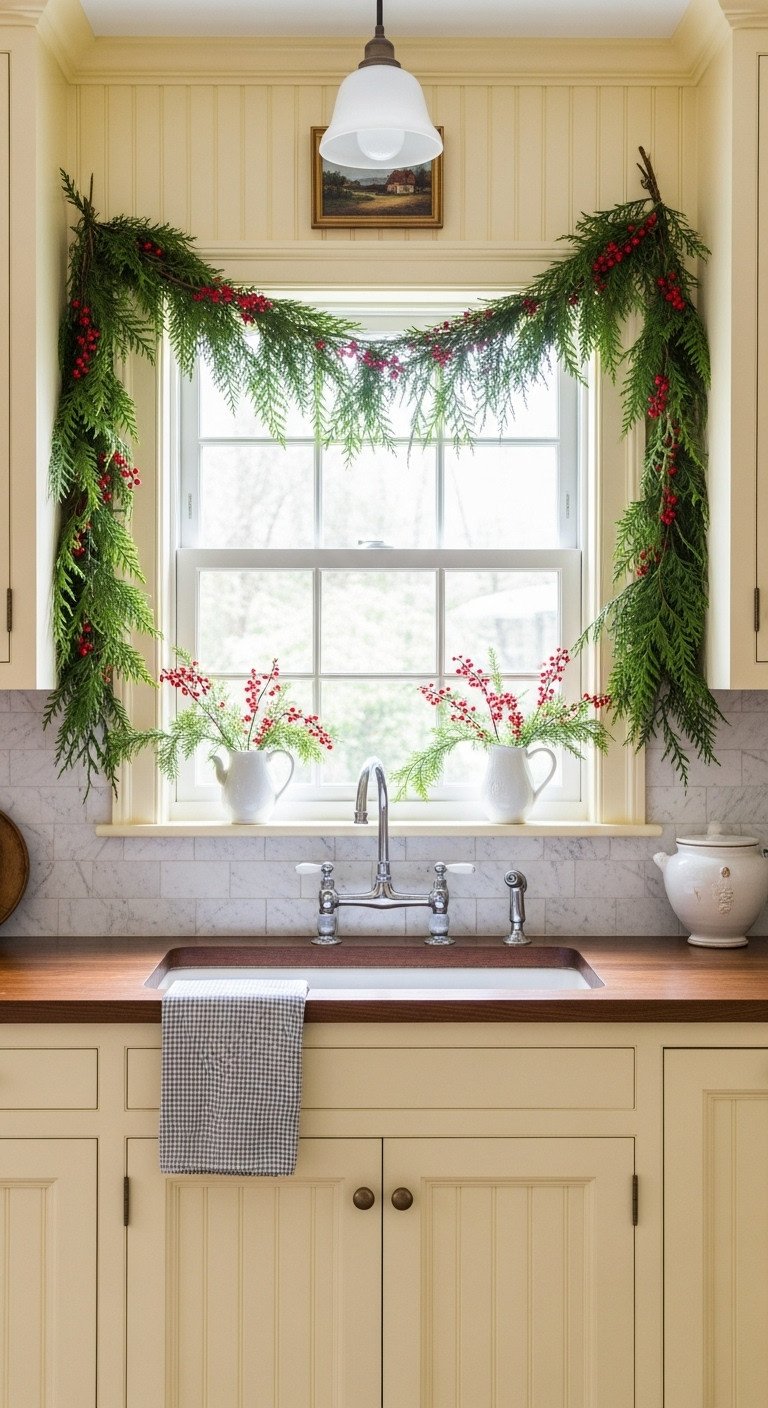 Pale yellow cottage kitchen with fresh cedar garland and red berries over the sink window Christmas decor