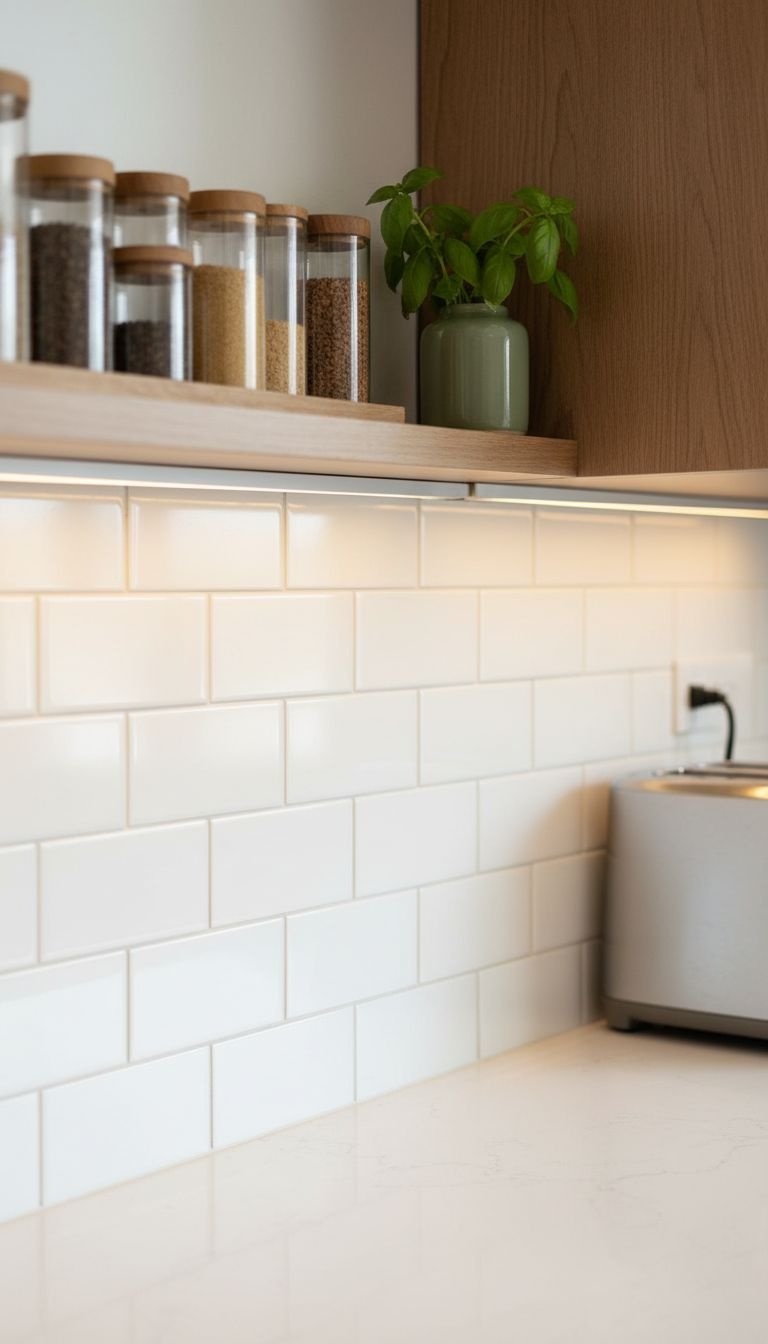 11 Brilliant Apartment Kitchen Ideas On A Budget For Renters 3 Peel-and-stick white subway tile backsplash, glossy 3D texture. Modern kitchen, spice rack, fresh basil. DIY home upgrade.