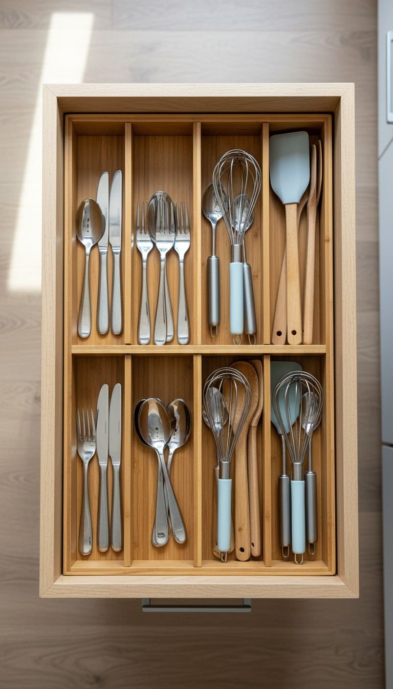 Perfectly organized kitchen utensil drawer with expandable bamboo dividers for silverware, whisks, and spatulas. Smart kitchen storage.