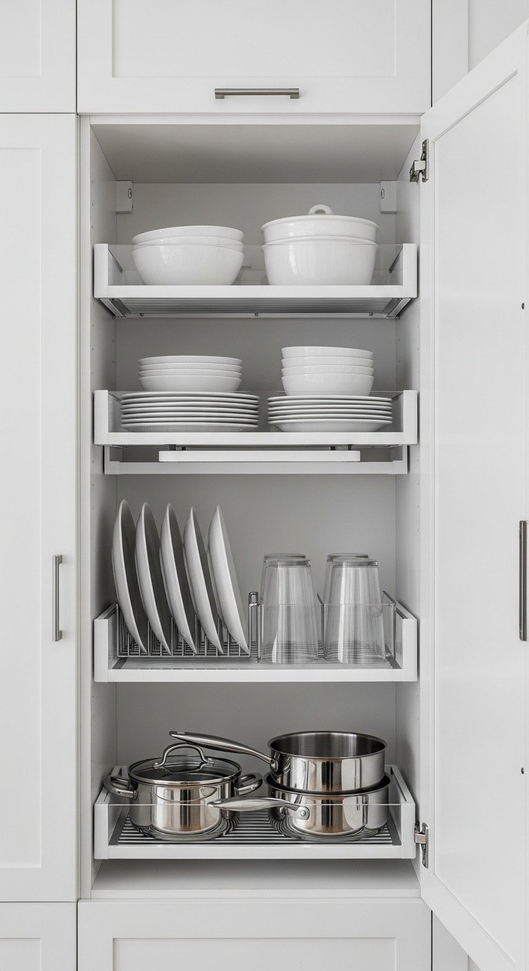 Perfectly organized open kitchen cabinet with white metal shelf risers for plates and a pull out organizer for stainless steel pots and pans