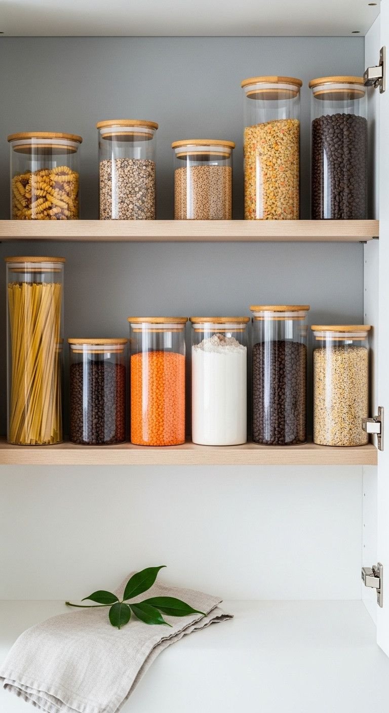 Perfectly organized open kitchen pantry shelf with clear glass jars holding pasta, lentils, flour, and coffee beans.