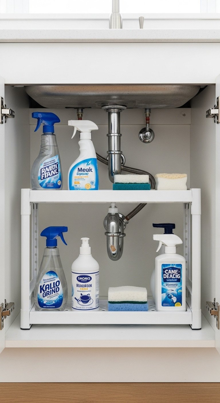 Perfectly organized under sink kitchen cabinet featuring a two tier expandable organizer holding cleaning supplies and fitting around plumbing