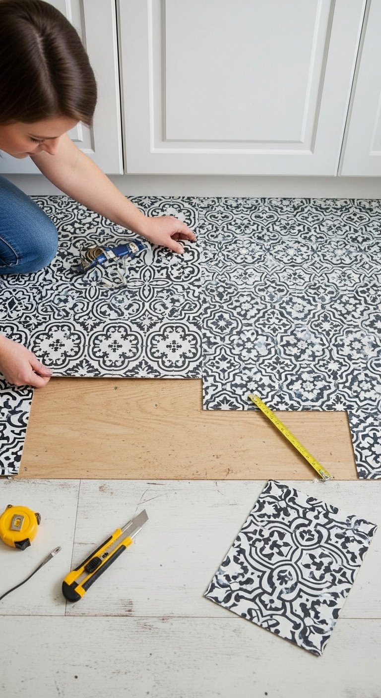 Person applying black and white patterned peel and stick vinyl floor tile to an old linoleum kitchen floor with utility knife and tape