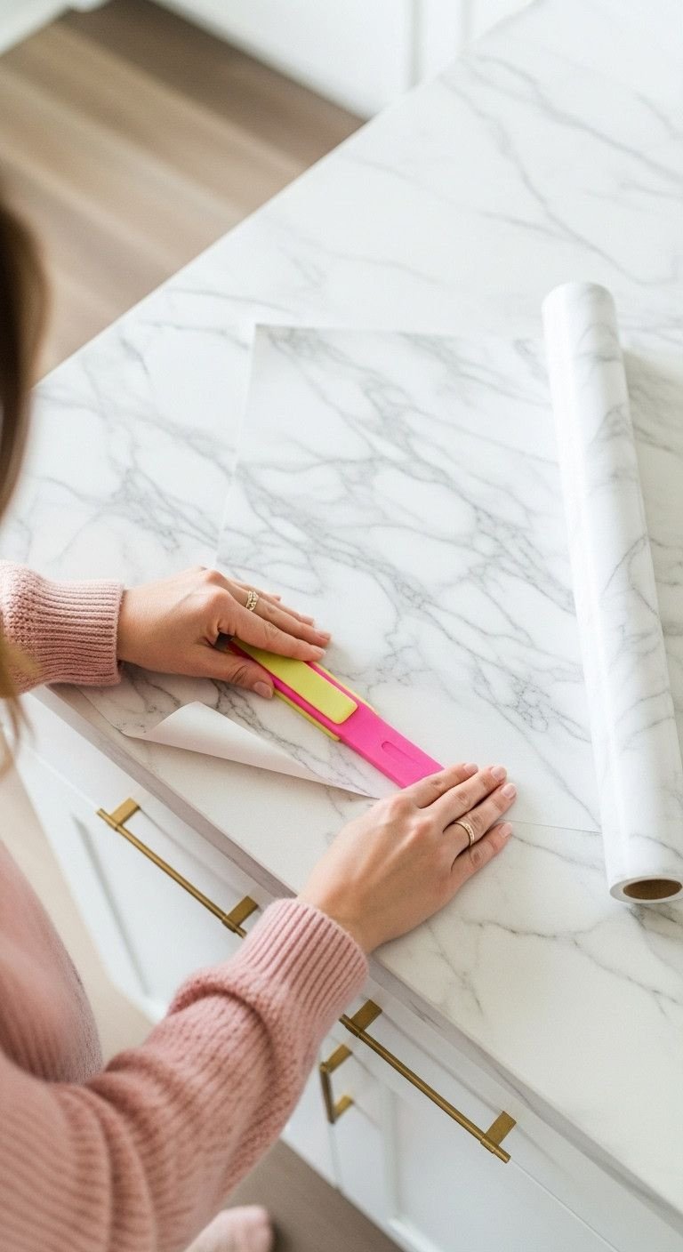 13 Charming Vintage Apartment Kitchen Ideas For Renters 12 Person smoothing marble-patterned contact paper onto a laminate countertop with a tool, DIY kitchen update, home renovation.