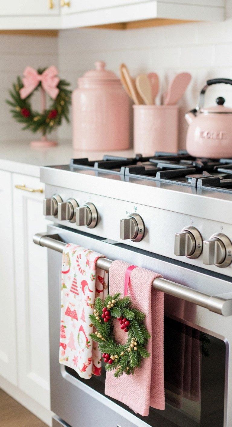 Pink Christmas themed dish towels hanging from an oven handle with a pink cookie jar