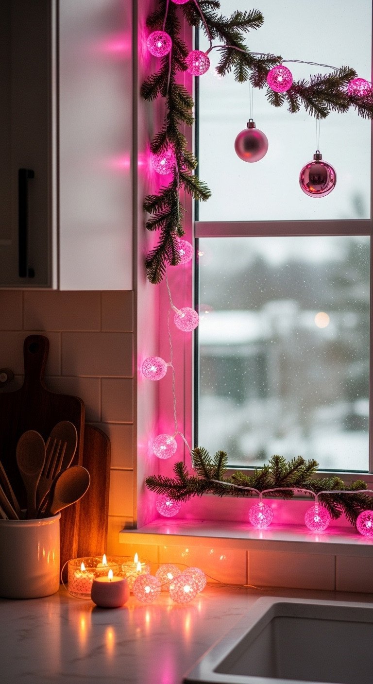 Pink LED fairy lights draped over a kitchen window frame with green garland at dusk