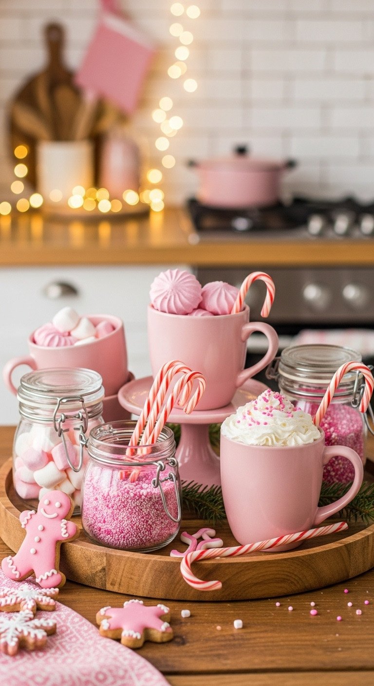 Pink ceramic mugs and jars of pink and white marshmallows on a wooden tray hot chocolate bar