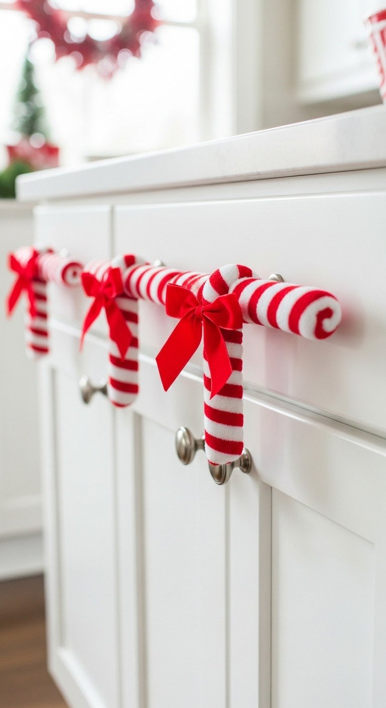 Plush red & white striped candy cane handle covers with red velvet bows on crisp white kitchen cabinets; festive Christmas kitchen decor.