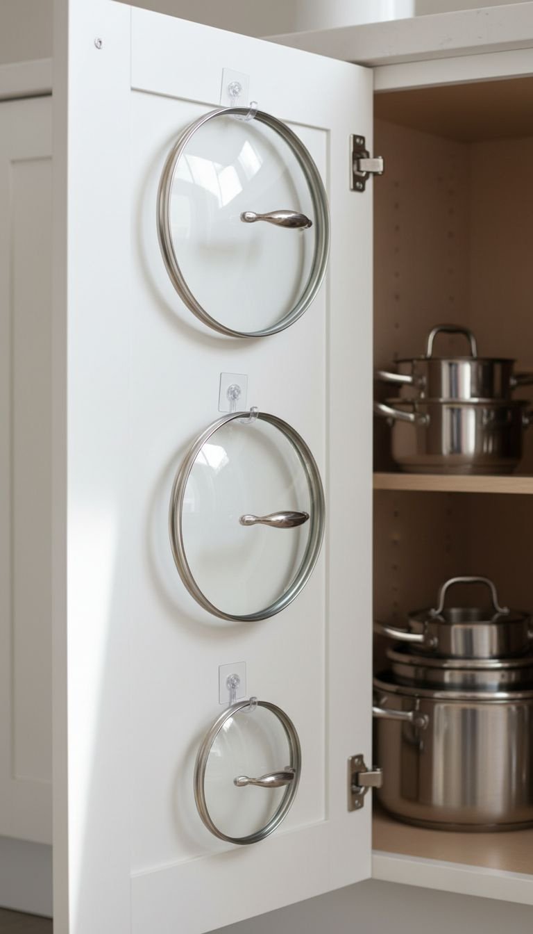 Pot lids hanging neatly from clear adhesive hooks inside a white shaker cabinet door. Clever kitchen storage solution.