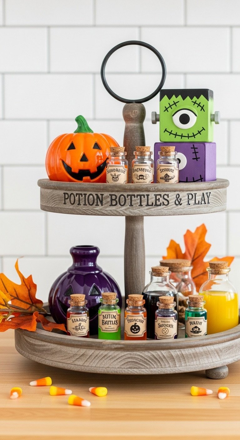 Potion Bottles and Play tiered tray with colorful bottles jack-o-lantern Frankenstein block and candy corn