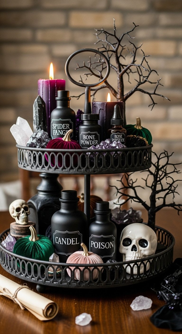 Potion-Maker's Corner tiered tray with black-labeled bottles ceramic skull velvet pumpkins and a miniature skeletal tree