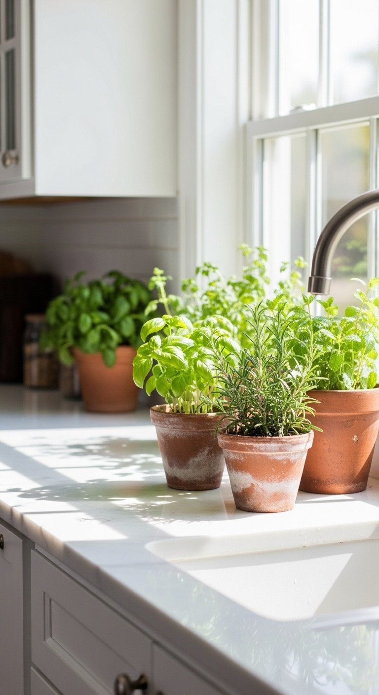 Potted basil, rosemary, and mint herbs in terracotta pots on a white marble kitchen windowsill, glowing in sunlight.