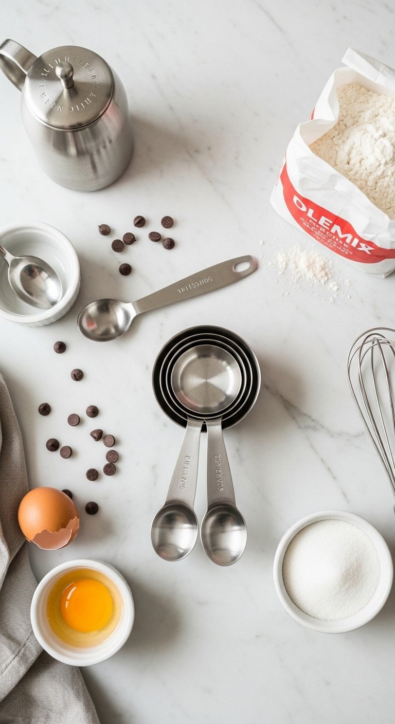 Precise stainless steel measuring cups and spoons with flour sugar and chocolate chips on marble countertop