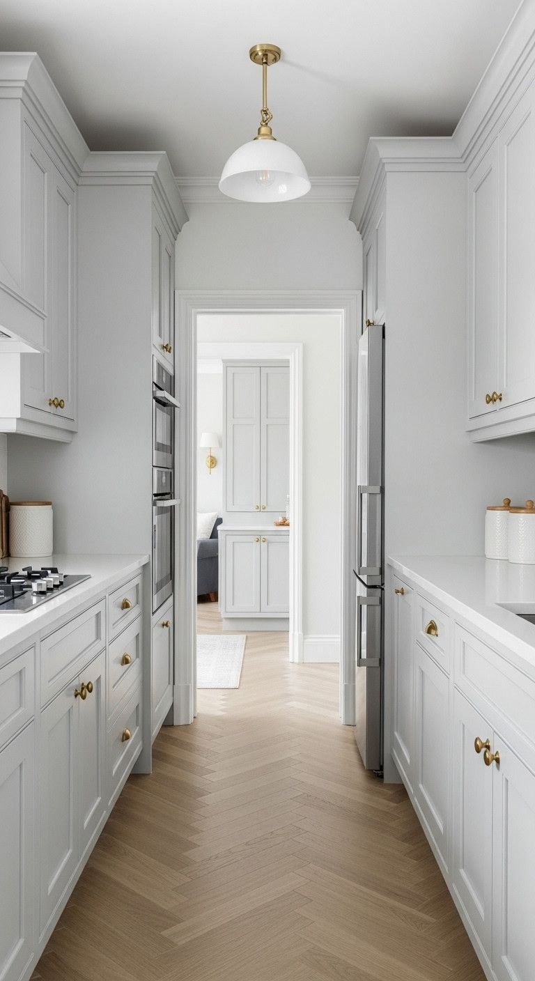 9 Genius Small Kitchen Layouts That Maximize Every Inch 1 Pristine galley kitchen with light gray shaker cabinets, white countertop, stainless steel fridge, and wood herringbone floor.