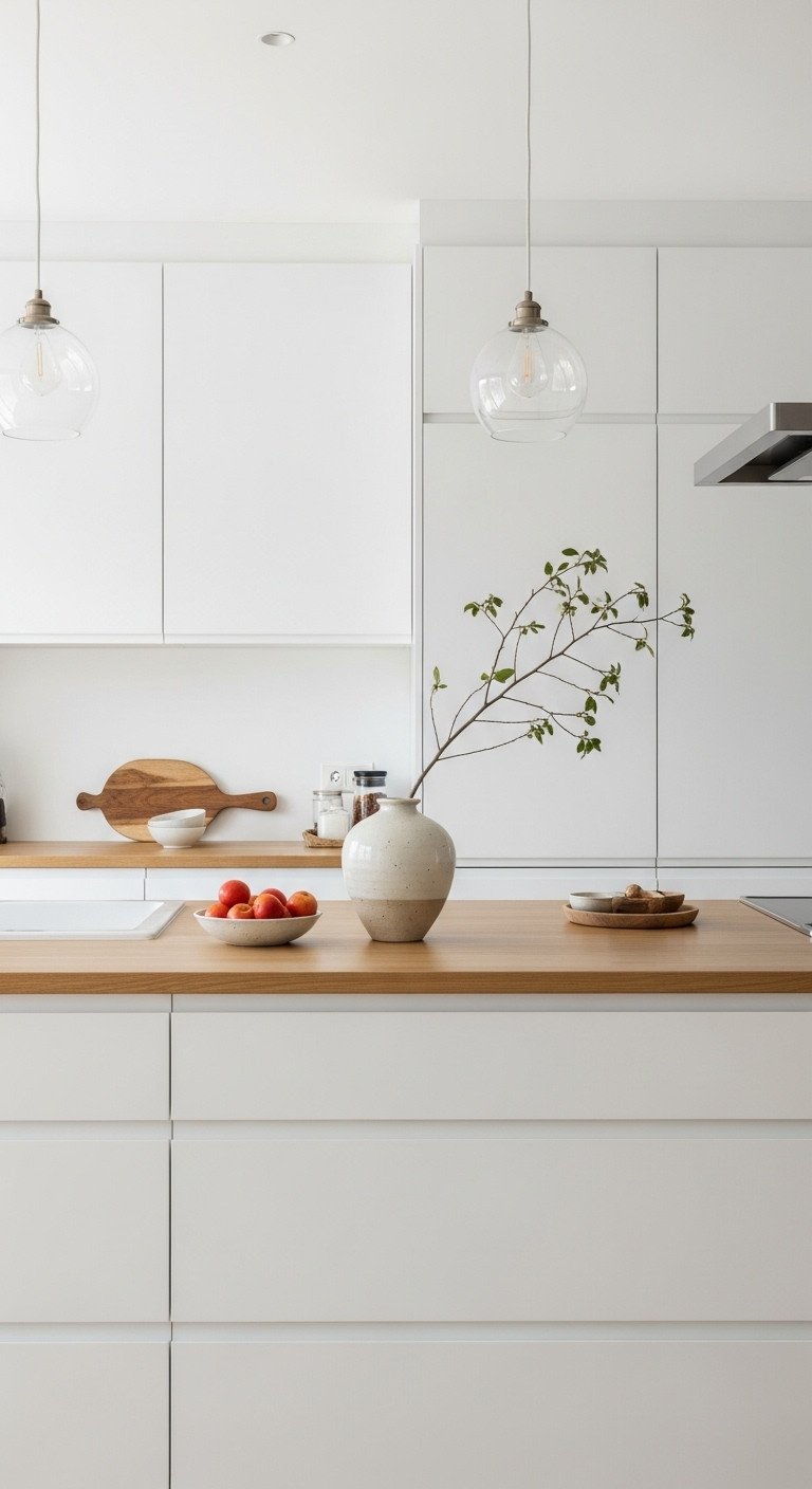 Pristine light oak kitchen countertop with a ceramic vase and branch against handleless matte white cabinets