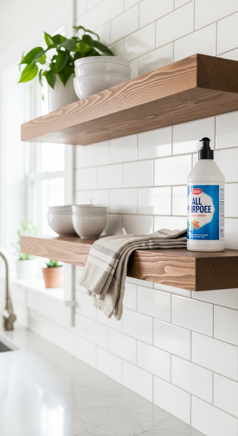 Beautiful Christmas Kitchen Shelves A Step By Step Guide 1 Pristine rustic wood floating kitchen shelves above white subway tile. Clean, ready for home decor styling.