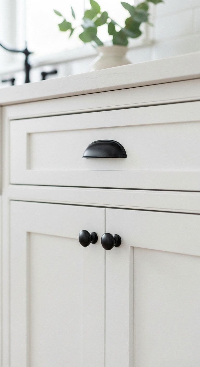 Effortless Farmhouse Kitchen Ideas For Any Apartment 1 Pristine white Shaker kitchen cabinets with matte black cup pulls and knobs. A vase with a green stem adds color to this modern DIY kitchen update.