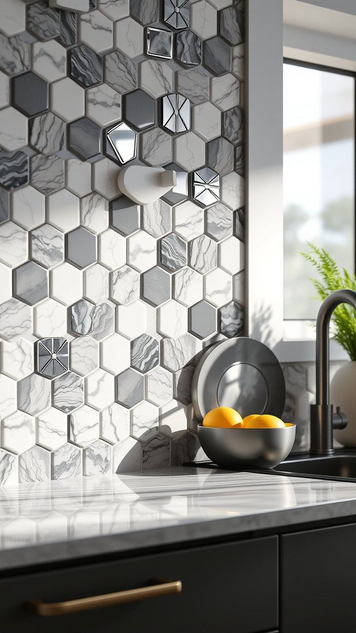 Pristine white peel-and-stick subway tile backsplash with light grey grout in a bright rental kitchen, above a butcher block counter.