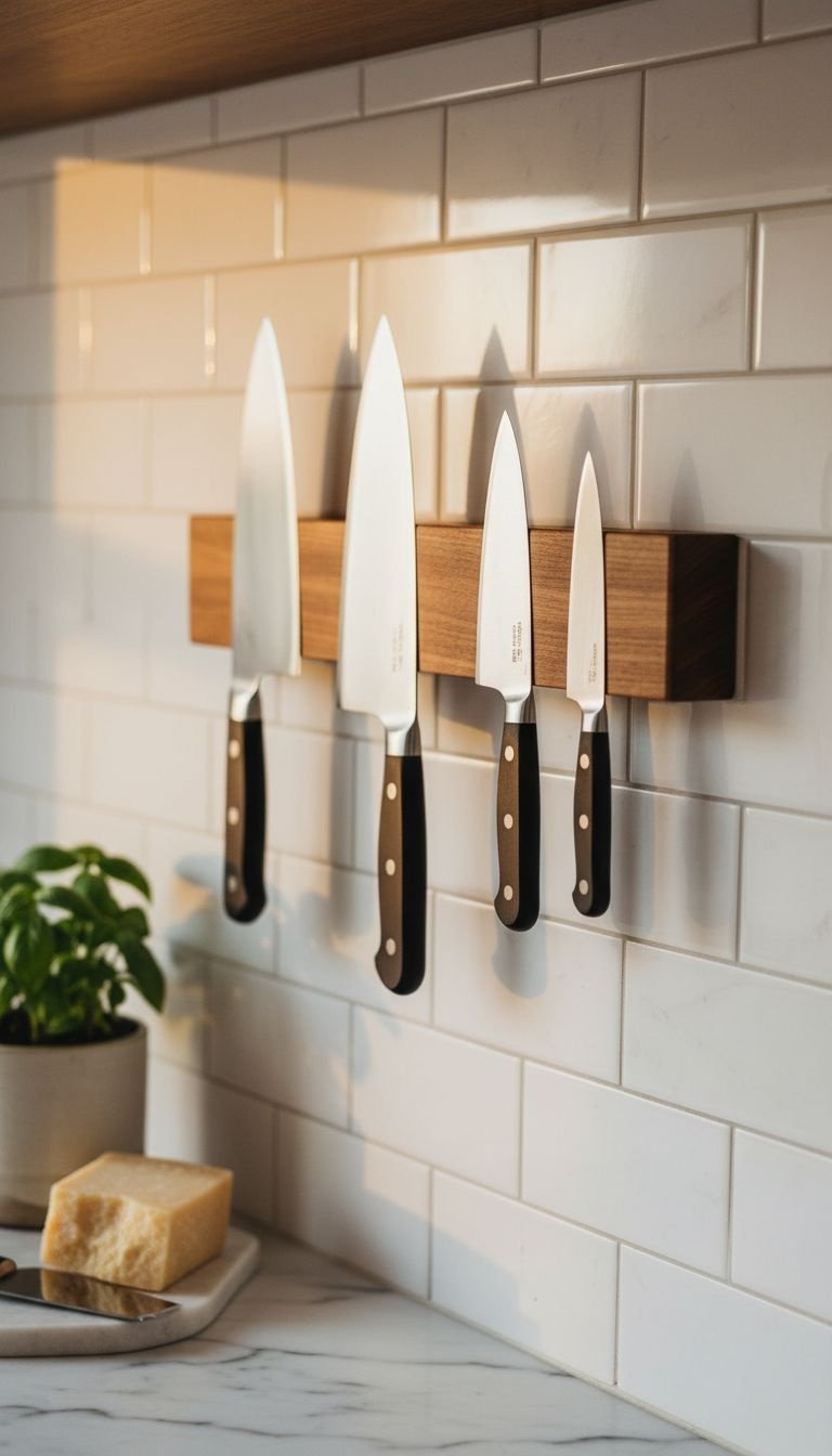 Professional chef's knives on a sleek acacia wood magnetic knife strip against white subway tiles. Modern kitchen wall organization.