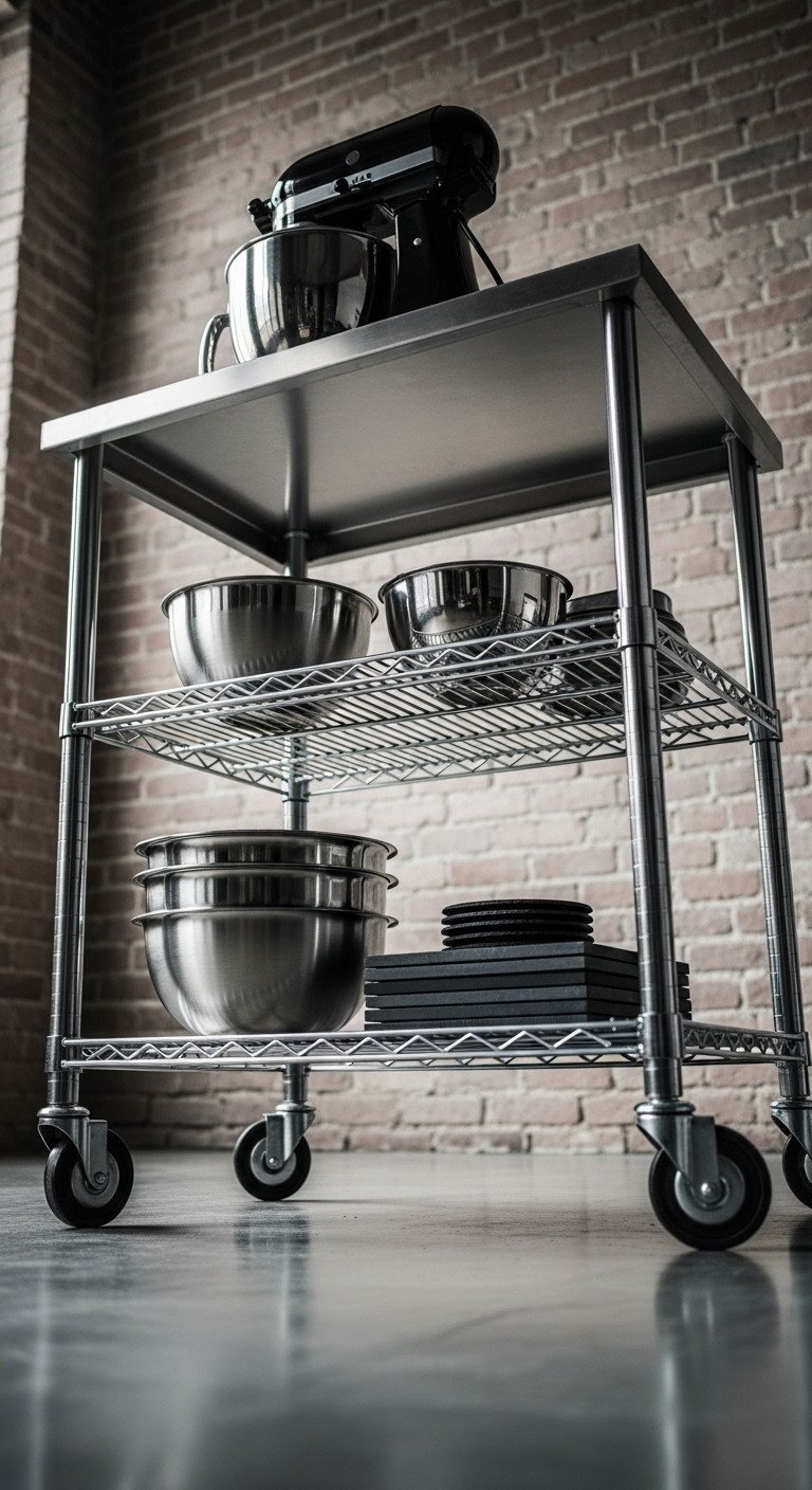 Genius Apartment Kitchen Island Ideas That Maximize Space 14 Professional stainless steel kitchen cart with stand mixer, mixing bowls, and slate boards in an industrial loft kitchen.