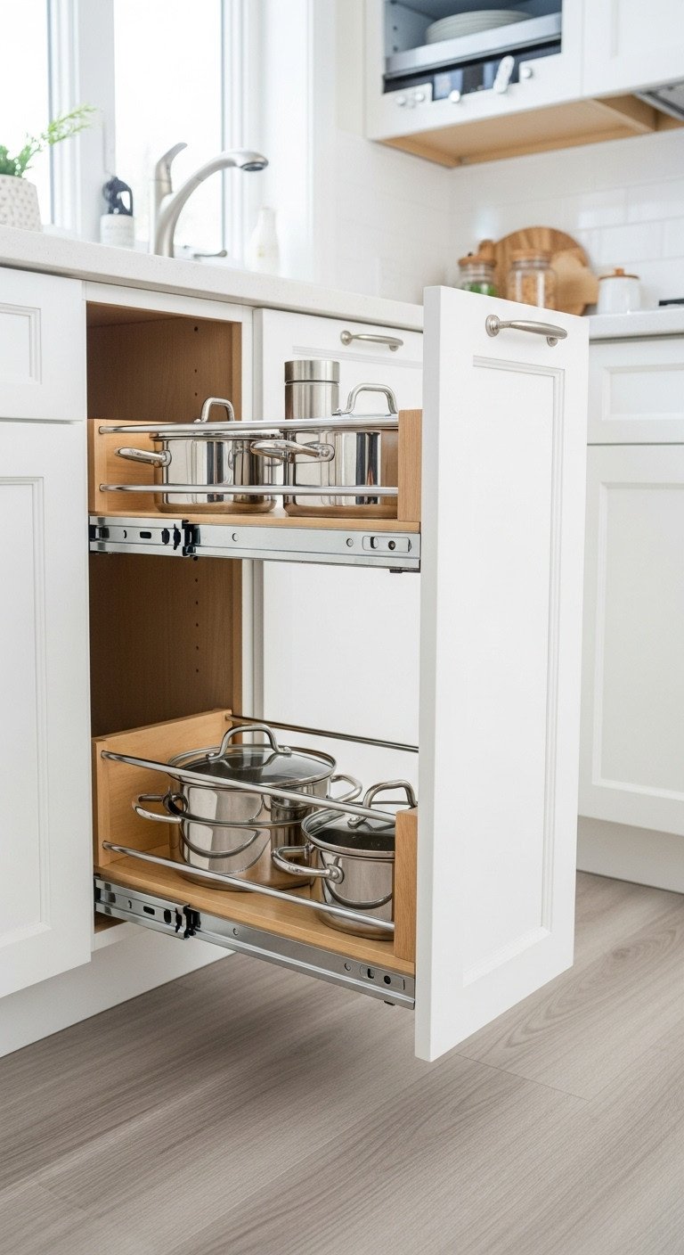 Pull out cabinet organizer with neatly stored pots pans and lids in an open kitchen base cabinet