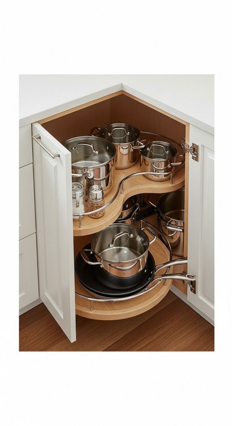 Pull-out kidney-shaped lazy susan shelf system in an open corner kitchen cabinet with neatly organized pots & pans.