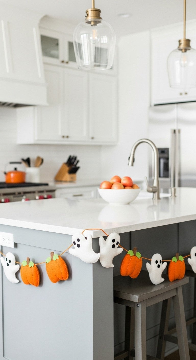 Pumpkin patch Halloween garland with stitched orange pumpkins and white ghosts draped along a light gray kitchen island