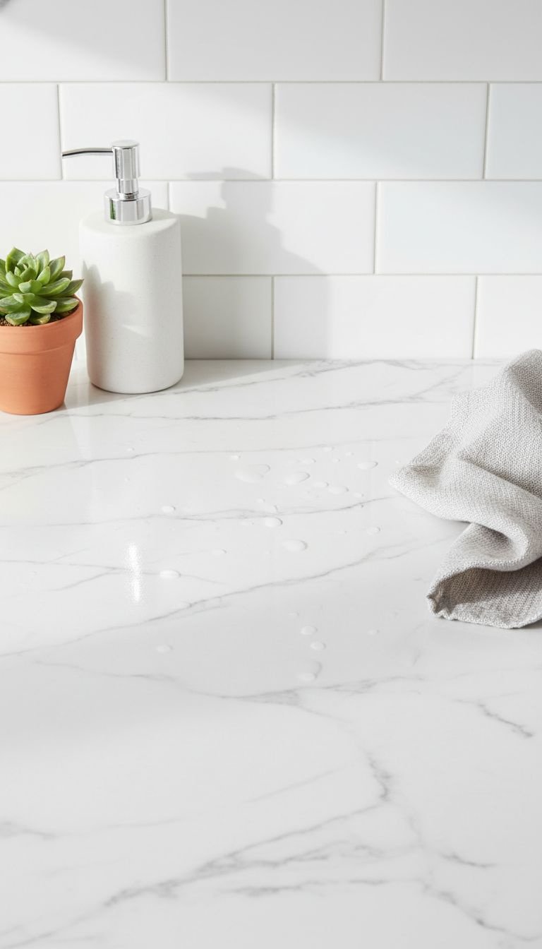 Brilliant Budget Apartment Kitchen Ideas That Look Expensive 5 Realistic marble-patterned contact paper on a kitchen countertop, displaying glossy finish and grey veins. Elegant DIY faux marble update.