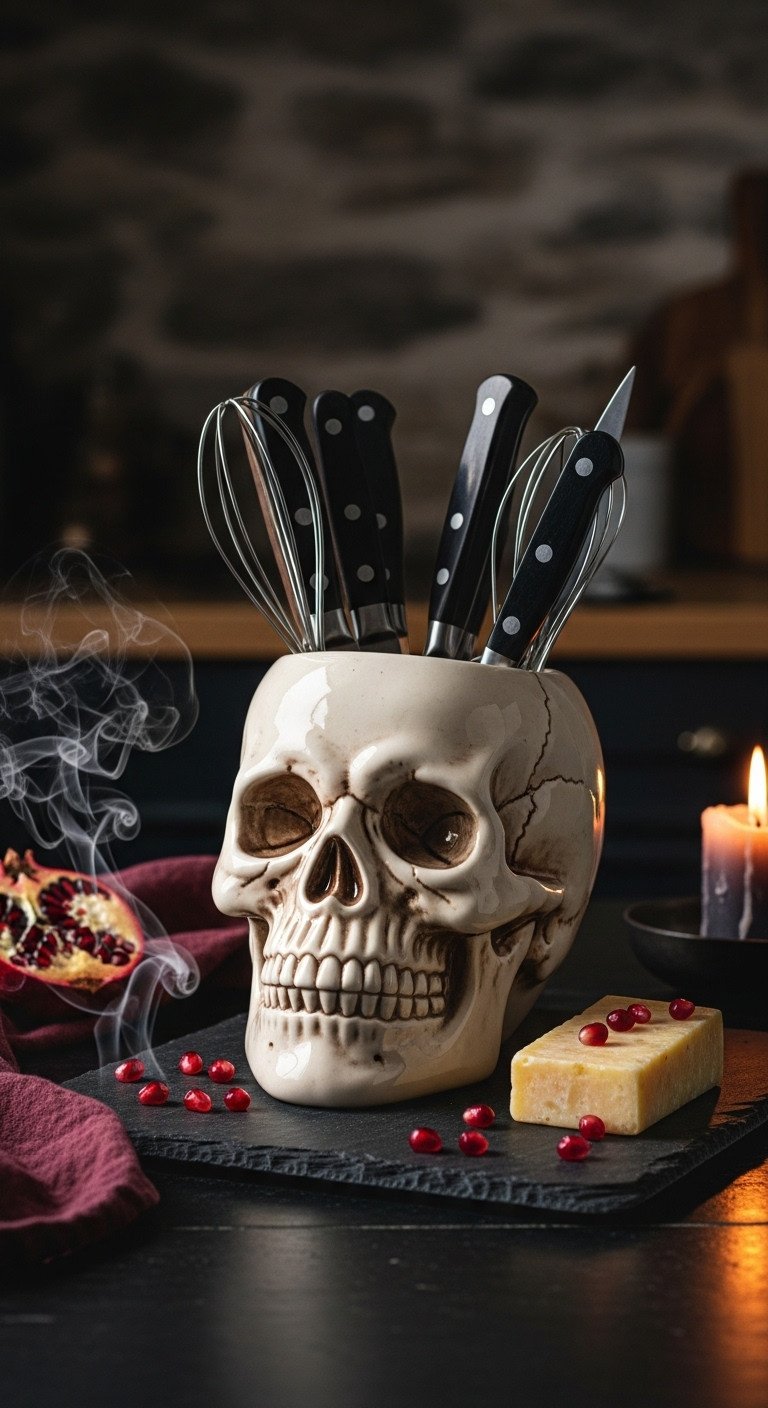 Realistic off white ceramic skull shaped utensil holder filled with dark handled kitchen knives and tools