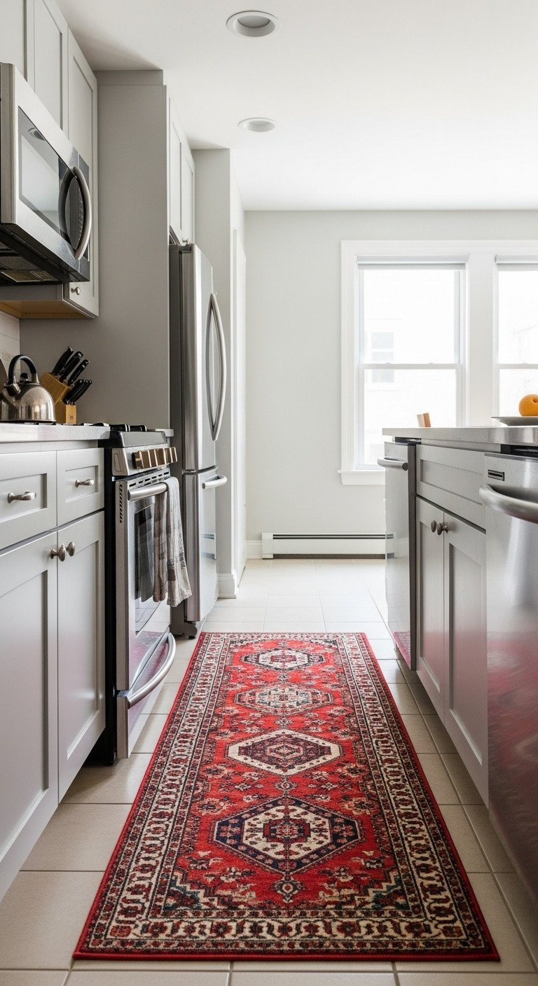 9 Red Apartment Kitchen Ideas That Look Open And Bright 15 Red Persian-style runner rug, galley kitchen. Neutral cabinets, stainless steel. Modern home.