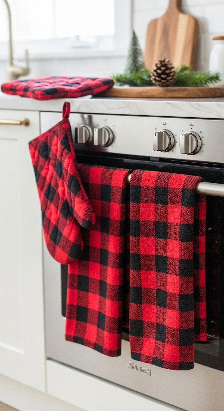 Red and black buffalo plaid dish towels on oven handle, matching mitt on marble counter with evergreen, rustic cutting board. Cozy Christmas kitchen decor.