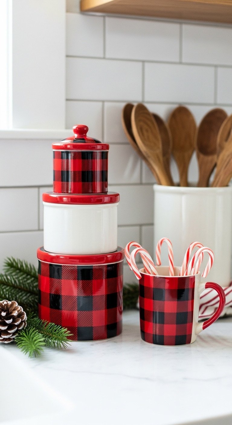 Red & black buffalo plaid canisters & mug on marble kitchen counter. Cozy Christmas decor with candy canes & evergreen.