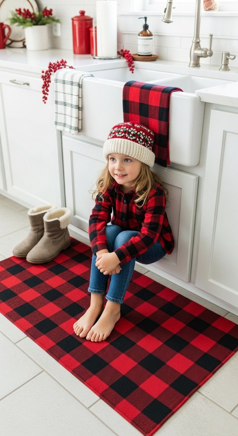 Red & black buffalo plaid kitchen runner rug by sink. Cozy Christmas decor with winter boots, berry garland & white cabinets.