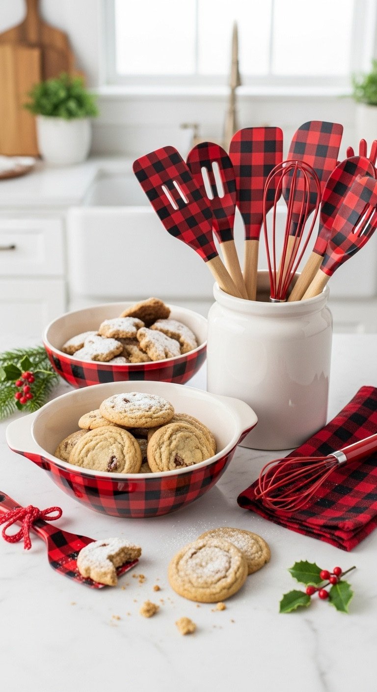 Red & black buffalo plaid serveware & tools. Christmas cookies in plaid bowl, spatulas, whisk, dishtowel on marble.