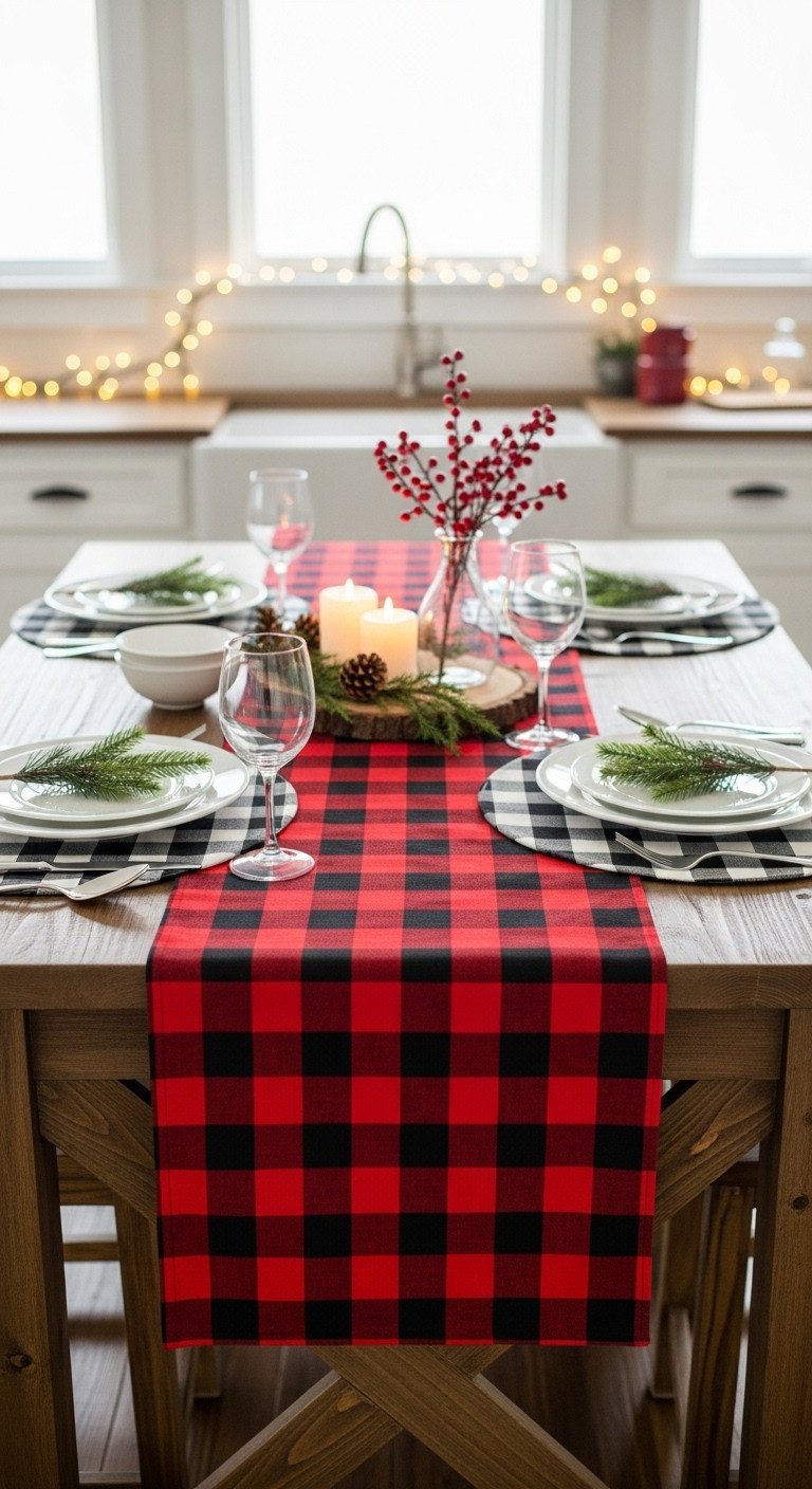 Red & black buffalo plaid table runner & placemats on rustic kitchen island. Holiday dining decor with evergreen, white plates.
