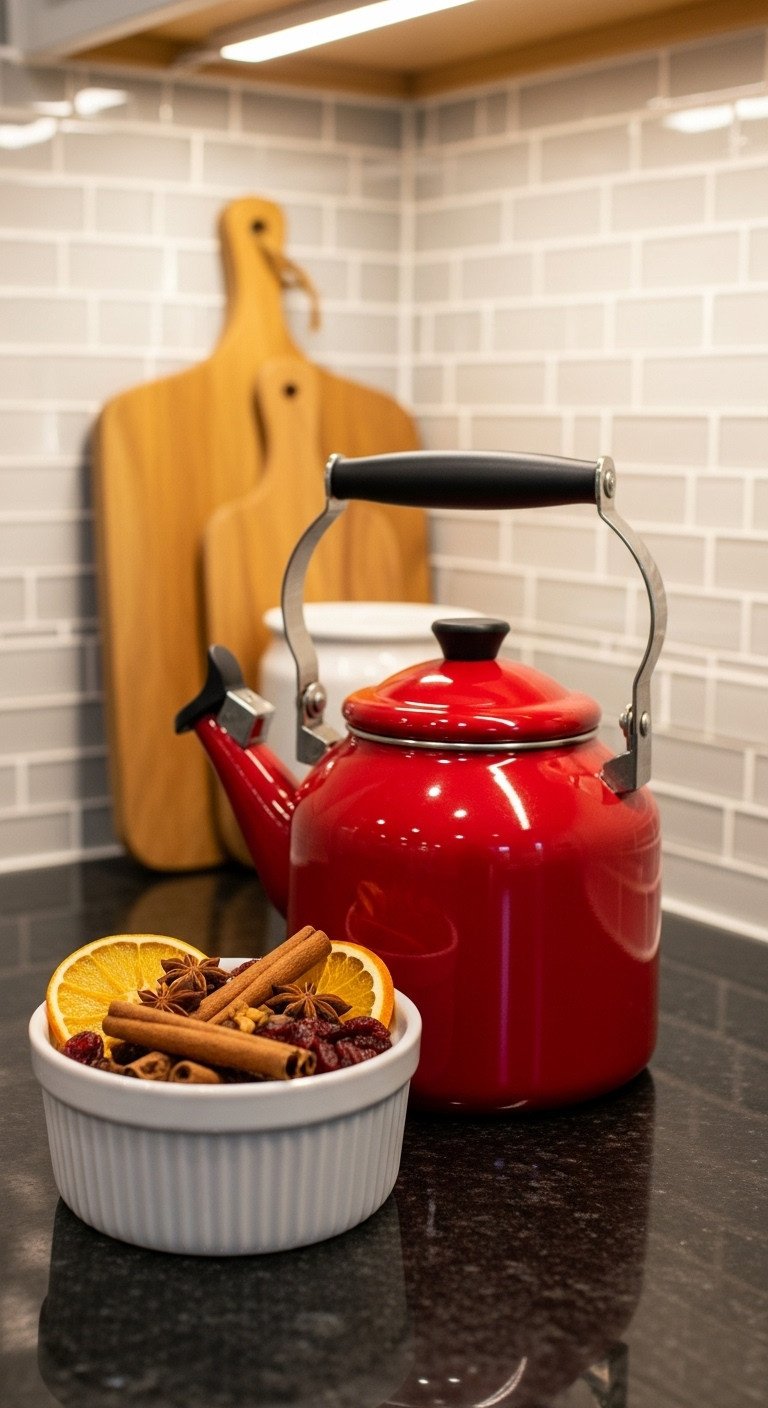 Red enamel tea kettle next to a white bowl of holiday potpourri on a black granite countertop